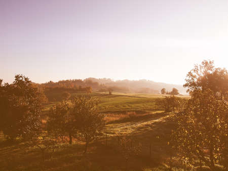 Landscape panorama view of Marcorengo hills in Brusasco near Turin, Piedmont, Italy vintageの写真素材