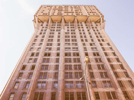 MILAN, ITALY - MARCH 28, 2015: The Torre Velasca designed in 1955 by BBPR is a masterpiece of Italian new brutalist architecture vintageのeditorial素材