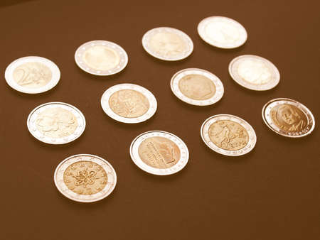 Background of Euro coins money (European currency) vintageの写真素材