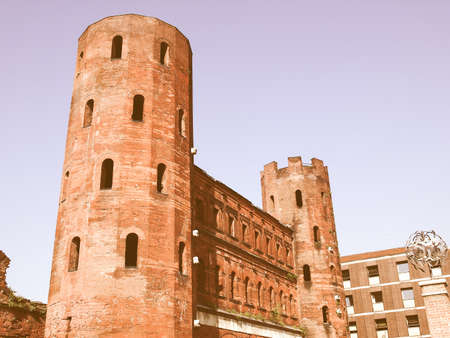Porte Palatine Roman gates in Turin, Italy vintageの写真素材