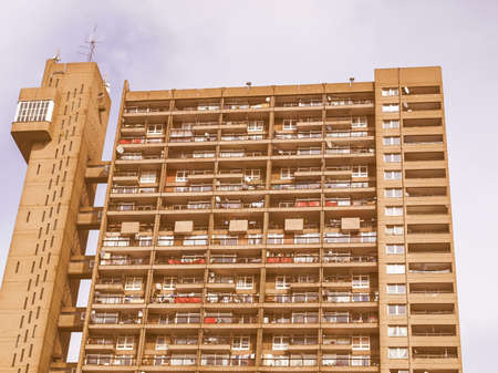 LONDON, ENGLAND, UK - MARCH 05, 2009: The Trellick Tower in North Kensington designed by Erno Goldfinger in 1964 is a Grade II listed masterpiece of new brutalist architecture vintageのeditorial素材