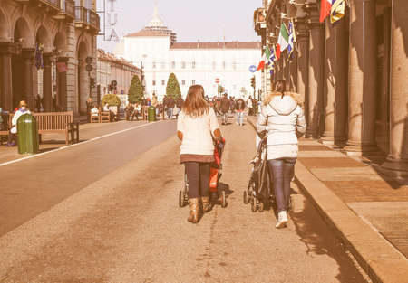 TURIN, ITALY - FEBRUARY 19, 2015: Tourists in Via Roma central high street vintageのeditorial素材