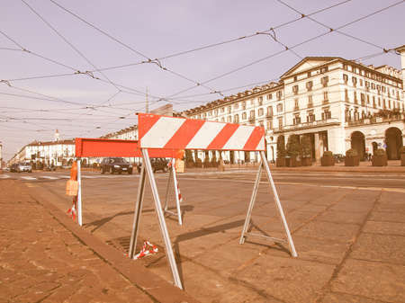 Road works sign for construction works in street vintageの写真素材
