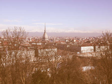 City of Turin (Torino) skyline panorama seen from the hill vintageの写真素材