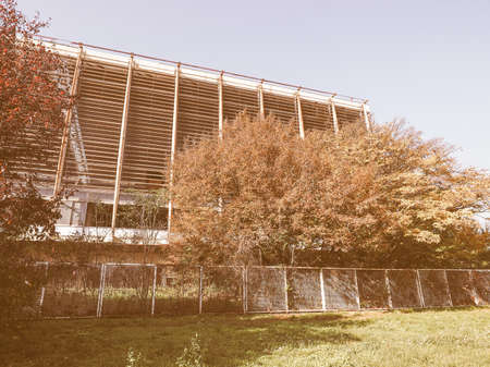 TURIN, ITALY - NOVEMBER 07, 2015: Palazzo del Lavoro meaning Palace of Work designed by Nervi in 1961 is a masterpiece of modern architecture now an abandoned ruin vintageのeditorial素材