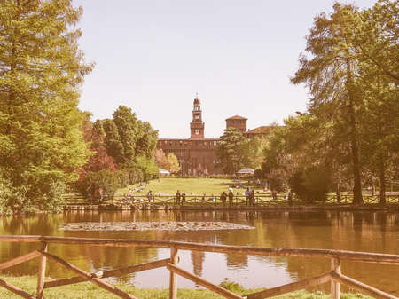 MILAN, ITALY - APRIL 10, 2014: People visiting the Parco Sempione large central park vintageのeditorial素材