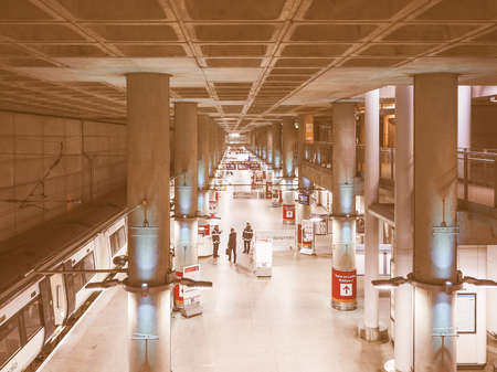 STANSTED, UK - SEPTEMBER 24, 2015: Airport train station with trains for London vintageのeditorial素材