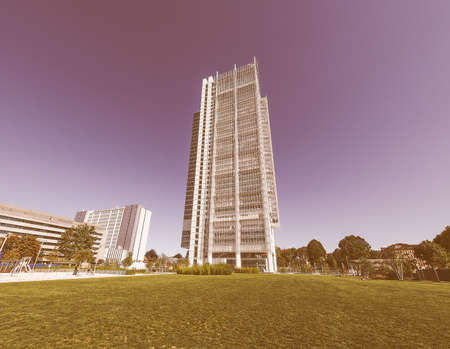 TURIN, ITALY - CIRCA SEPTEMBER, 2015: The new San Paolo headquarters designed by Renzo Piano are the highest skyscraper in town vintageのeditorial素材