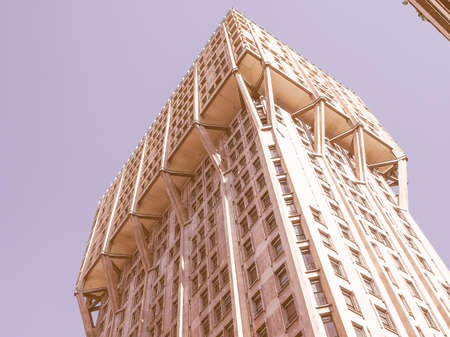 MILAN, ITALY - MARCH 28, 2015: The Torre Velasca designed in 1955 by BBPR is a masterpiece of Italian new brutalist architecture vintageのeditorial素材