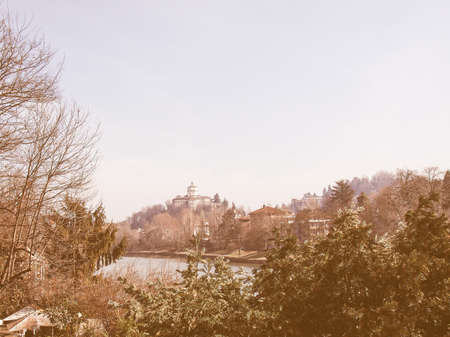 Monte dei Cappuccini hill in Turin, Italy vintageのeditorial素材