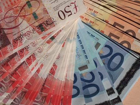 Euro and Pounds banknotes currency of European Union and United Kingdom