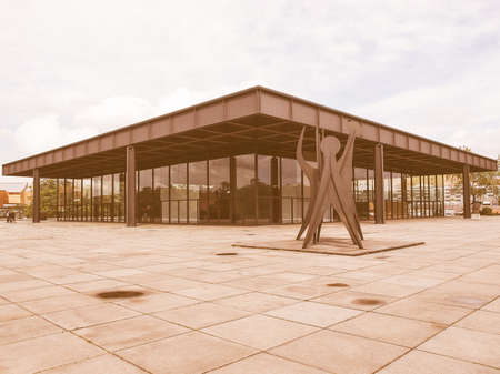 BERLIN, GERMANY - MAY 09, 2014: The Neue Nationalgalerie art gallery is a masterpiece of modern architecture designed by Mies Van Der Rohe in 1968 as part of the Kulturforum vintageのeditorial素材
