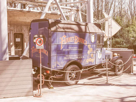 MILAN, ITALY - MARCH 28, 2015: Vintage Fernet Branca lorry for distribution of Italian amaro meaning bitter herbal liqueur now parked in front of Torre Branca vintageのeditorial素材