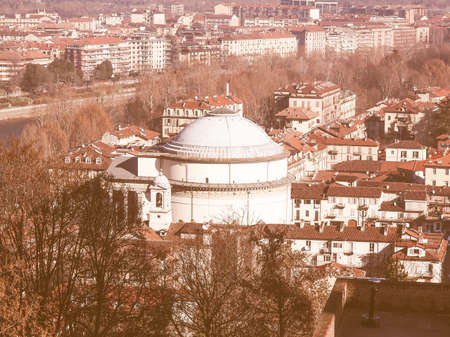 Turin skyline panorama seen from the hills surrounding the city vintageの写真素材