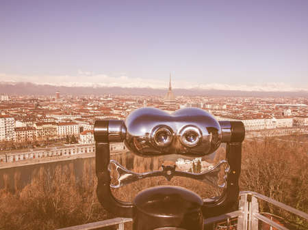 Turin skyline panorama seen from the hills surrounding the city vintageの写真素材