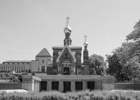 Russian Chapel and fountain at Kuenstler Kolonie artists colony in Darmstadt Germany in black and whiteの写真素材