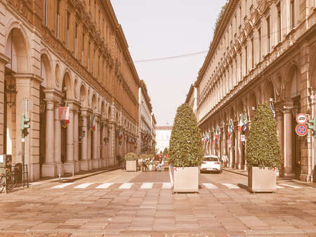 TURIN, ITALY - FEBRUARY 19, 2015: Tourists in Via Roma central high street vintageのeditorial素材