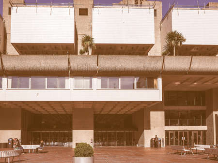LONDON, UK - SEPTEMBER 28, 2015: The Barbican Centre iconic new brutalist architecture vintageのeditorial素材