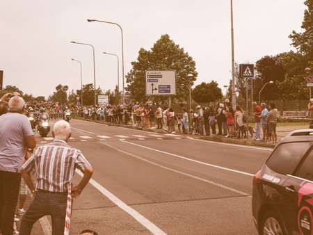 SETTIMO TORINESE, ITALY - MAY 31, 2015: People waiting for riders at the last stage of Giro di Italia meaning Tour of Italy stage bycicle race vintageのeditorial素材
