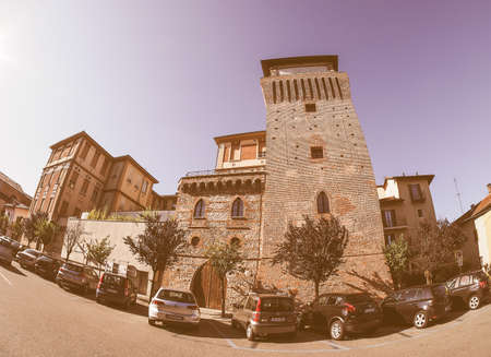 SETTIMO, ITALY - CIRCA SEPTEMBER, 2015: Torre Medievale meaning medieval tower seen with fisheye lens vintageのeditorial素材