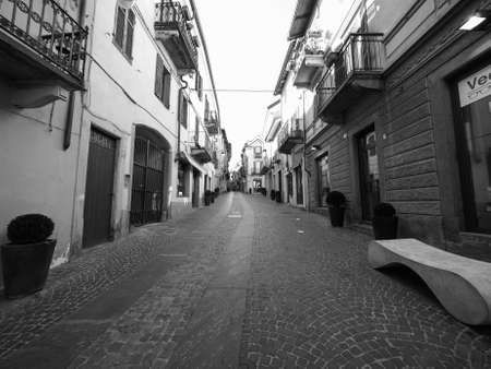 RIVOLI, ITALY - CIRCA MARCH 2016: View of the historical city centre of Rivoli old city in black and whiteのeditorial素材