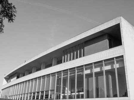 LONDON, UK - SEPTEMBER 28, 2015: The Royal Festival Hall built as part of the Festival of Britain national celebrations in 1951 is still in use as a major music and entertainment venue in black and whiteのeditorial素材