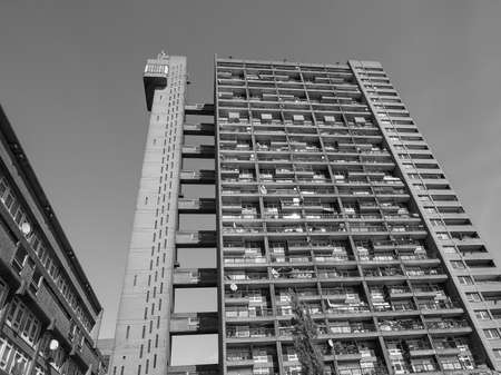 LONDON, UK - SEPTEMBER 28, 2015: The Trellick Tower designed by Erno Goldfinger in 1964 is a masterpiece of new brutalist architecture in black and whiteのeditorial素材