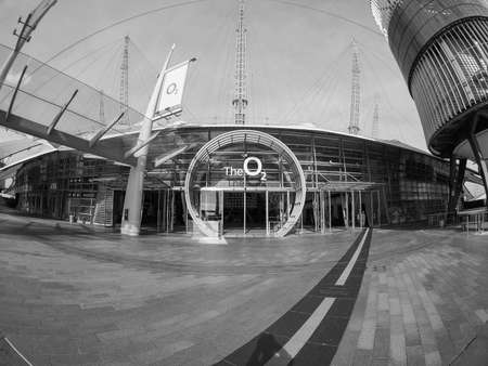 LONDON, UK - SEPTEMBER 29, 2015: The Millennium Dome built in celebration of the third millennium in year 2000 now houses the O2 arena music hall seen with fisheye lens in black and whiteのeditorial素材