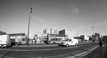 LONDON, UK - SEPTEMBER 28, 2015: Red double decker bus for public transport in central London in black and whiteのeditorial素材