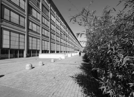 TURIN, ITALY - CIRCA MARCH 2016: The Lingotto centre designed by Matte Trucco in 1919 as a Fiat car factory is now a conference and business centre restored by Renzo Piano in black and whiteのeditorial素材