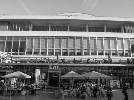 LONDON, UK - SEPTEMBER 28, 2015: The Royal Festival Hall built as part of the Festival of Britain national celebrations in 1951 is still in use as a major music and entertainment venue in black and whiteのeditorial素材
