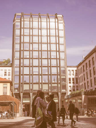 MILAN, ITALY - MARCH 28, 2015: The Torre Tirrena skyscraper in Milan designed by Eugenio and Ermenegildo Soncini architects in 1957 is a masterpiece of modern architecture vintageのeditorial素材