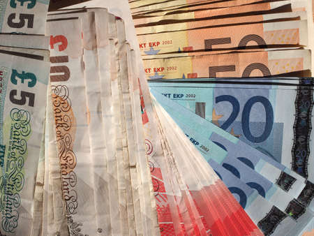 Euro and Pounds banknotes currency of European Union and United Kingdomの写真素材