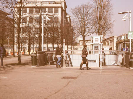 TURIN, ITALY - FEBRUARY 19, 2015: Travellers at Lingotto metro station vintageのeditorial素材