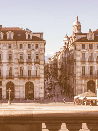 TURIN, ITALY - JANUARY 24, 2014: Tourists visiting Piazza Castello, the central baroque square vintageのeditorial素材