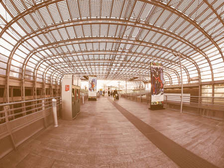 TURIN, ITALY - CIRCA SEPTEMBER, 2015: Travellers in Torino Porta Susa railway station which is the main central station seen with fisheye lens vintageのeditorial素材