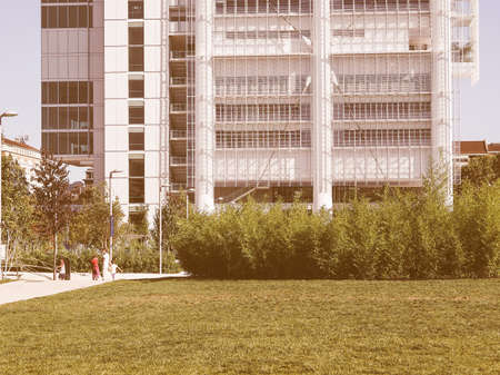 TURIN, ITALY - CIRCA SEPTEMBER, 2015: The new San Paolo headquarters designed by Renzo Piano are the highest skyscraper in town vintageのeditorial素材