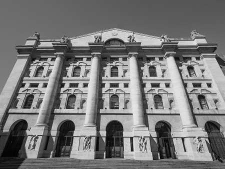 Borsa di Milano (meaning Milan Stock Exchange) in Piazza Affari square in Milan, Italy in black and whiteのeditorial素材