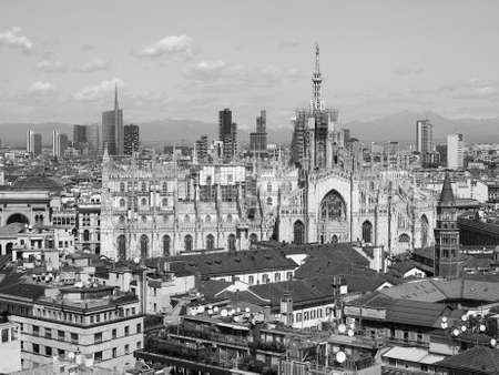 Aerial view of Duomo di Milano gothic cathedral church in Milan, Italy in black and whiteの写真素材