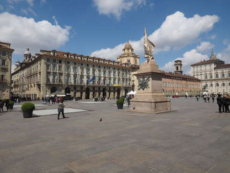 TURIN, ITALY - CIRCA APRIL 2016: Tourists in Piazza Castello central baroque squareのeditorial素材