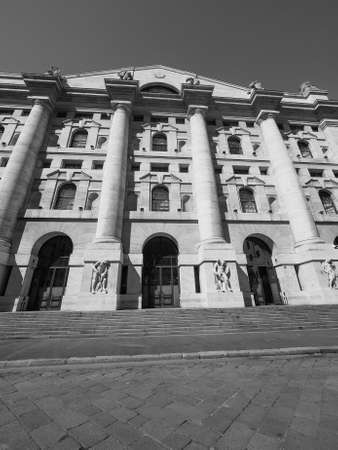 MILAN, ITALY - CIRCA APRIL 2016: Borsa di Milano (meaning Milan Stock Exchange) in Piazza Affari square in black and whiteのeditorial素材