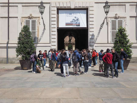 TURIN, ITALY - CIRCA APRIL 2016: Tourists in Piazza Castello in front of Palazzo Reale royal palaceのeditorial素材