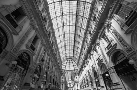MILAN, ITALY - CIRCA APRIL 2016: Galleria Vittorio Emanuele II gallery in black and whiteのeditorial素材
