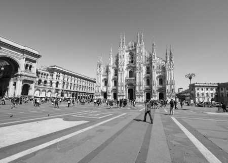 MILAN, ITALY - CIRCA APRIL 2016: Tourists in Piazza Duomo (meaning Cathedral Square) in black and whiteのeditorial素材