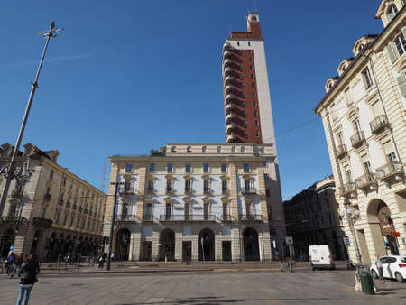 TURIN, ITALY - CIRCA MAY 2016: Torre Littoria skyscraper in Piazza Castelloのeditorial素材