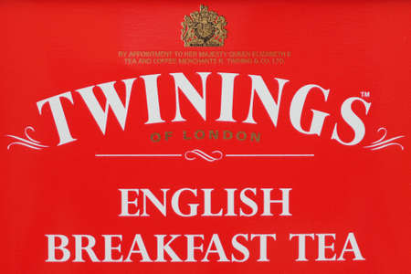 LONDON, UK - CIRCA MAY 2016: Detail of a Twinings of London English Breakfast Tea boxのeditorial素材