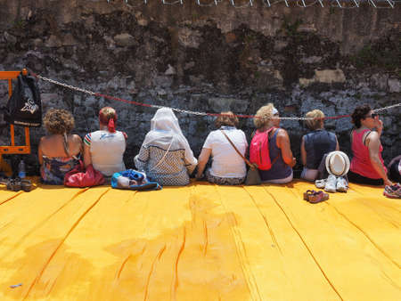 LAKE ISEO, ITALY - CIRCA JUNE 2016: The Floating Piers site specific landscape artwork by Christo and Jeanne Claudeのeditorial素材