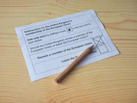 LONDON, UK - CIRCA MAY 2016: Ballot paper for June 23 referendum: Should the United Kingdom remain a...