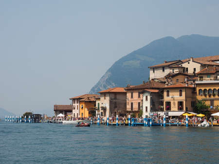 LAKE ISEO, ITALY - CIRCA JUNE 2016: The Floating Piers site specific landscape artwork by Christo and Jeanne Claudeのeditorial素材