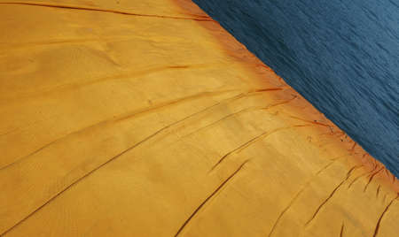 LAKE ISEO, ITALY - CIRCA JUNE 2016: The Floating Piers site specific landscape artwork by Christo and Jeanne Claudeのeditorial素材